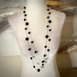 Black Floating Station Faceted Beads Silver Tone Necklace